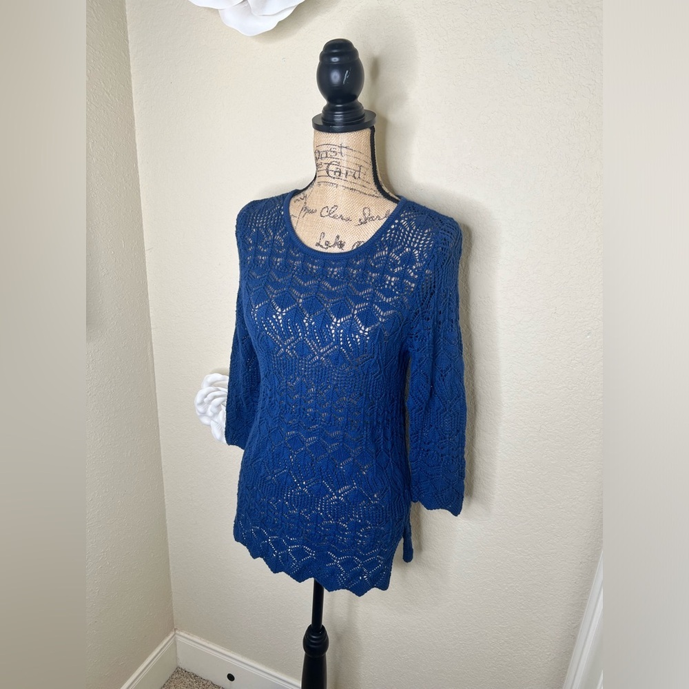 NTM Jeanne Pierre Blue Crochet Pullover Sweater NWT Scoop Neck 3/4 Sleeve Small - Picture 5 of 15